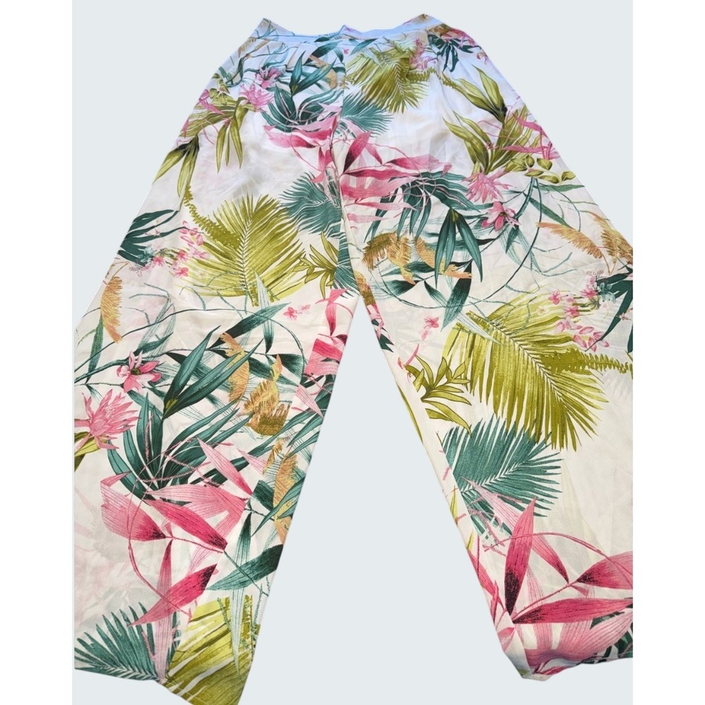 Triple Seven Tropical Floral Wide Leg‎ Pants Pink Green Palm Leaf High Waist L